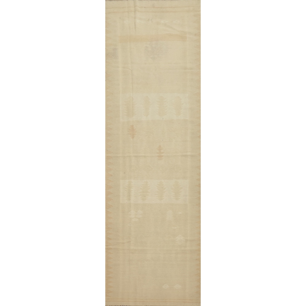 Hand Woven Oriental 100% Wool Carpet Southwestern Tribal Beige & Ivories Kilim Runner Rug - 11' 6'' X 2' 7''