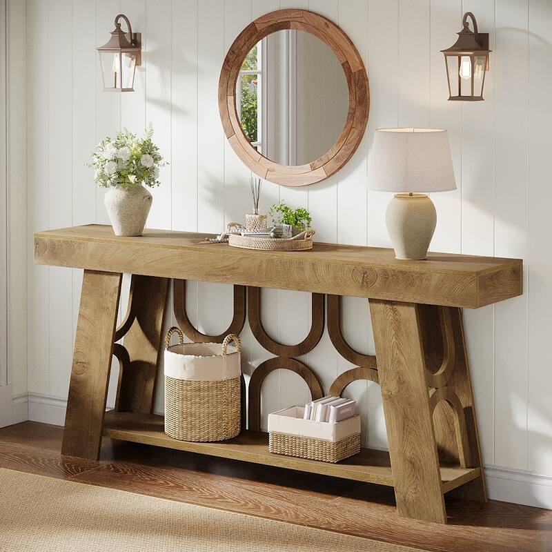 63" Console Table with Arched Legs, 2-Tier Farmhouse Entryway Table