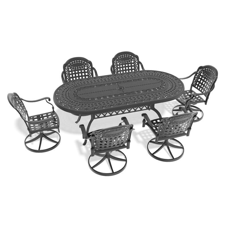 7-Piece Aluminum Oval Outdoor Patio Dining Set, 6 Cushioned Swivel Chairs, Table, All-Weather Frames