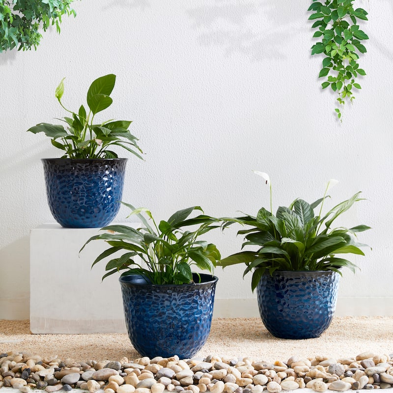 Glitzhome Honeycomb Textured Blue Green Faux Ceramic Pot Plastic Planter(Set of 2 / Set of 3)
