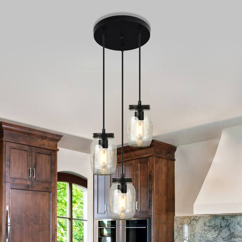 Starsky 3-Light Modern Farmhouse Adjustable Wire Abstract Ceiling Light Cluster Black Mason Jar Chandelier