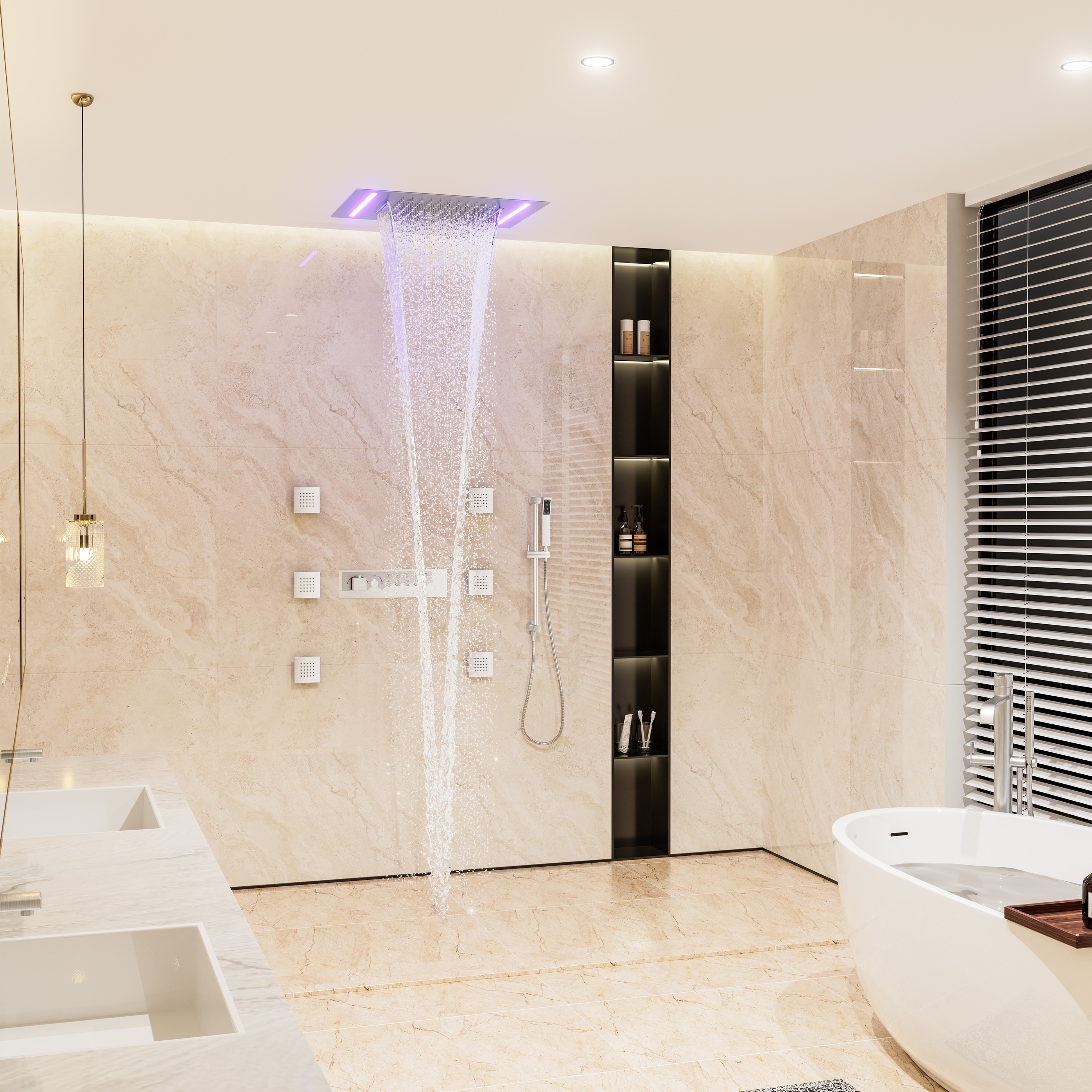 Thermostatic Shower System Ceiling Mount with Rainfall & Waterfall LED Shower Head, 6 Body Jets, Handheld Shower and Sliding Bar