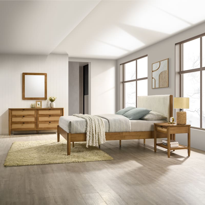 Roundhill Furniture Vichy 4-Piece Rattan Bedroom Set Upholstered Queen Bed, Dresser, Mirror, and Nightstand - Cream Corduroy