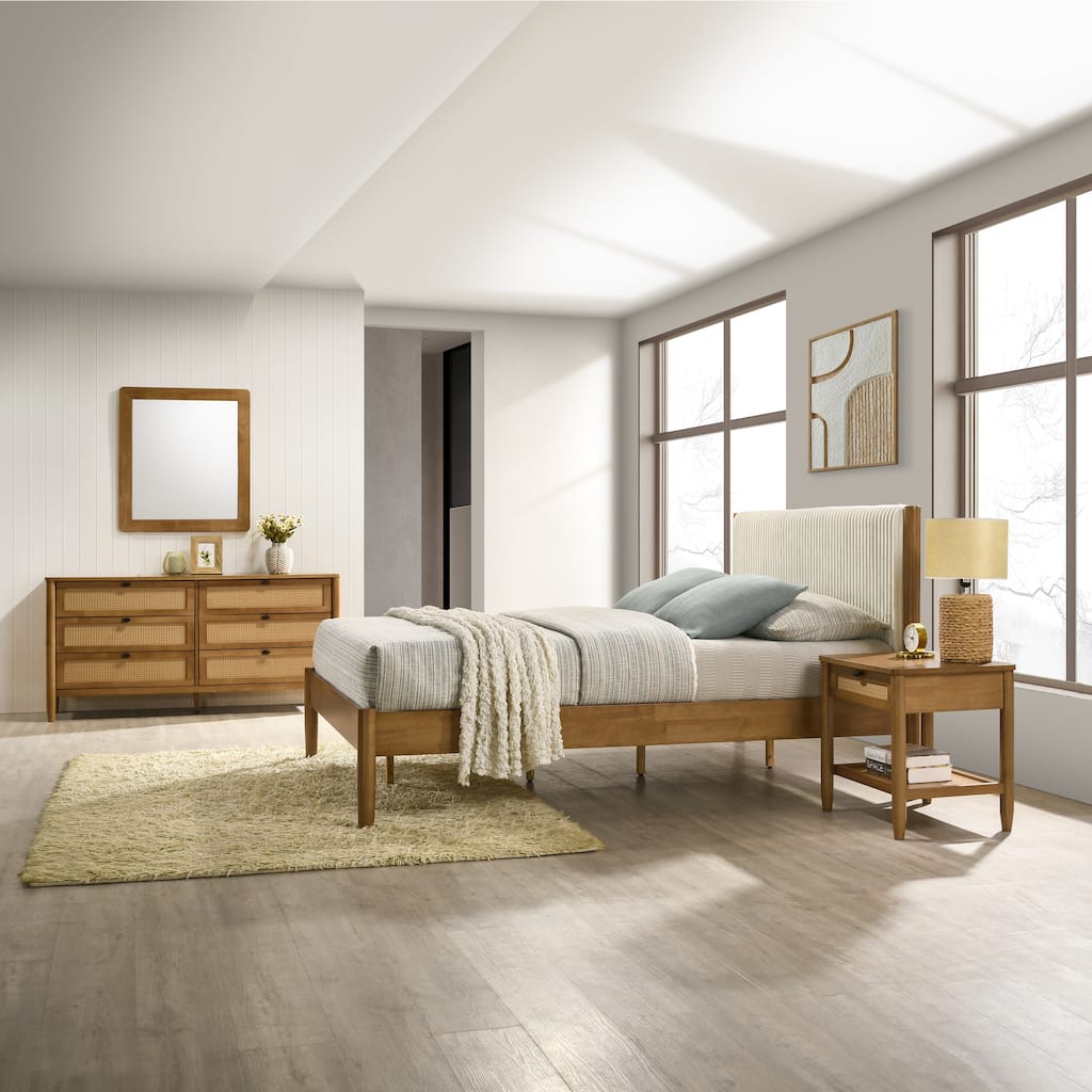 Vichy 4-Piece Rubberwood Bedroom Set with Corduroy Upholstered Queen Bed, Dresser, Mirror, and Nightstand