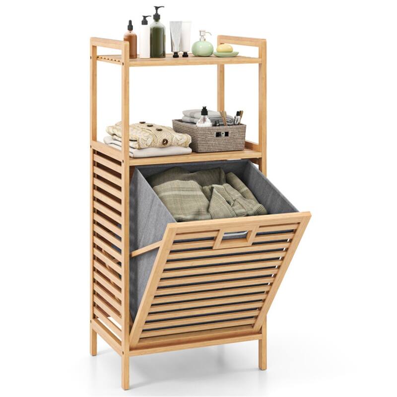 Wicker Tilt-Out Laundry Hamper with Shelves Removable Basket & Storage Natural and Gray - 18" × 13" × 38"