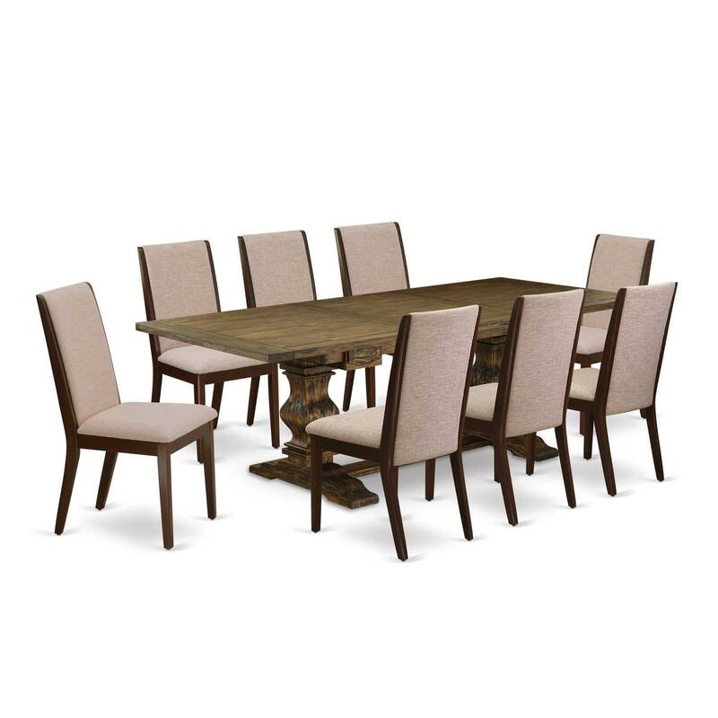 9-Piece Dinette Set - Linen Fabric Dining Chairs & Wood Table - Distressed Jacobean & Mahogany Finish