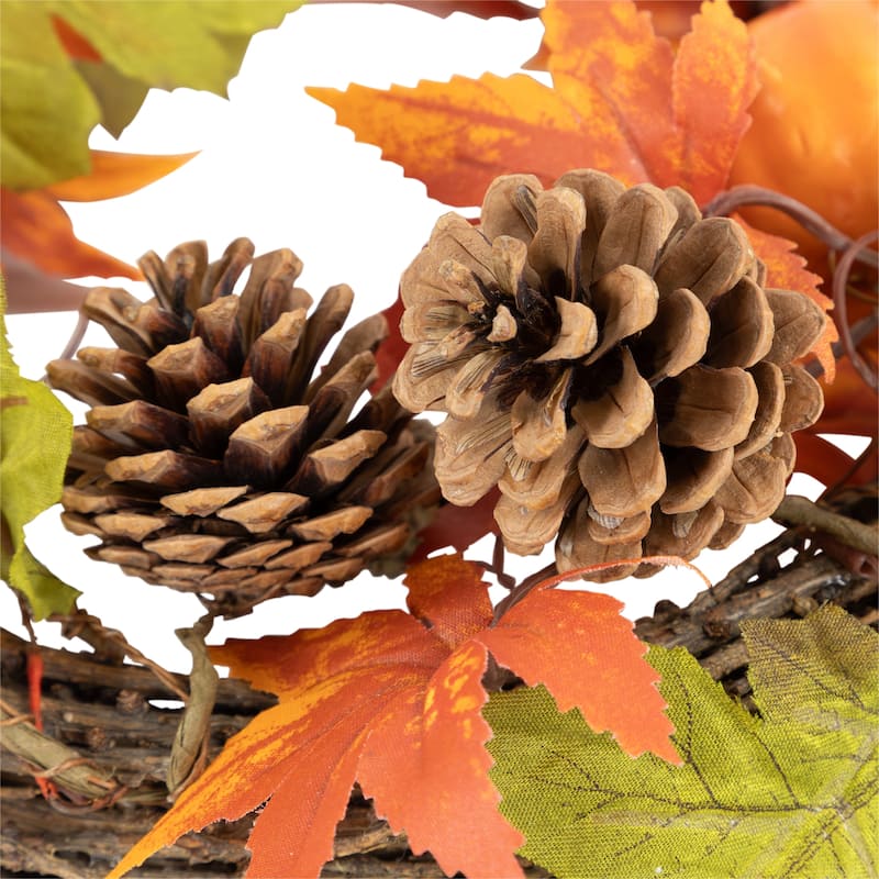 Orange Foliage Pine Cones Pumpkins Autumn Harvest Wreath 10 Inch Unlit