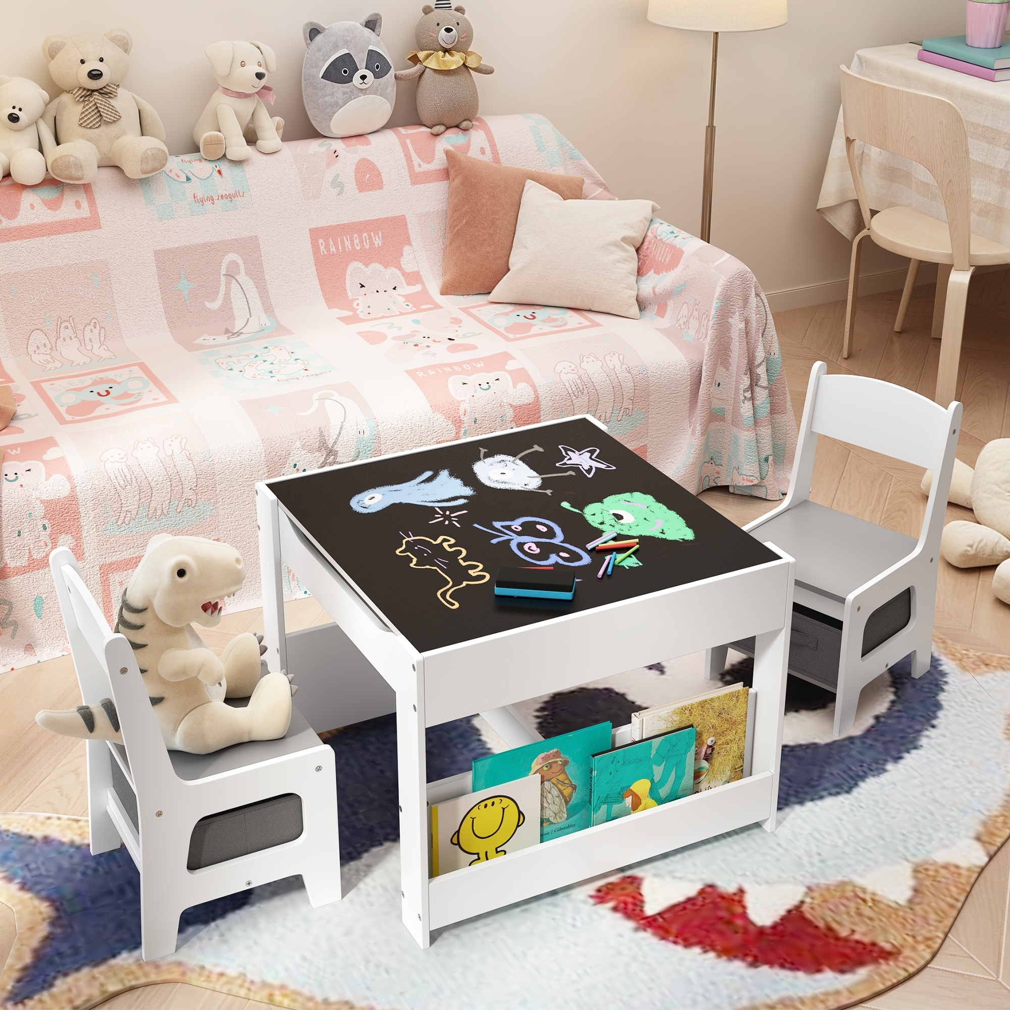4 in 1 Kids Activity Table and Chair Set with Removable Tabletop Storage, Toddler Craft Table and Chairs