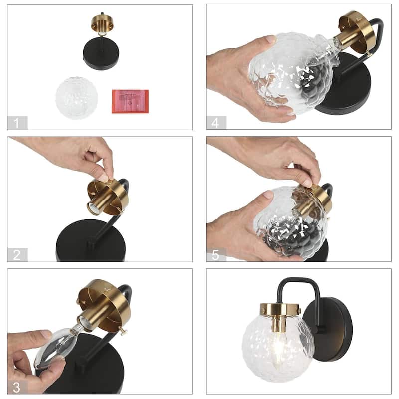 Modern Farmhouse Black Gold 1-Light Wall Sconces Globe Bathroom Vanity Lights - Light fixture: W 5" x D 8" x H 7.5"