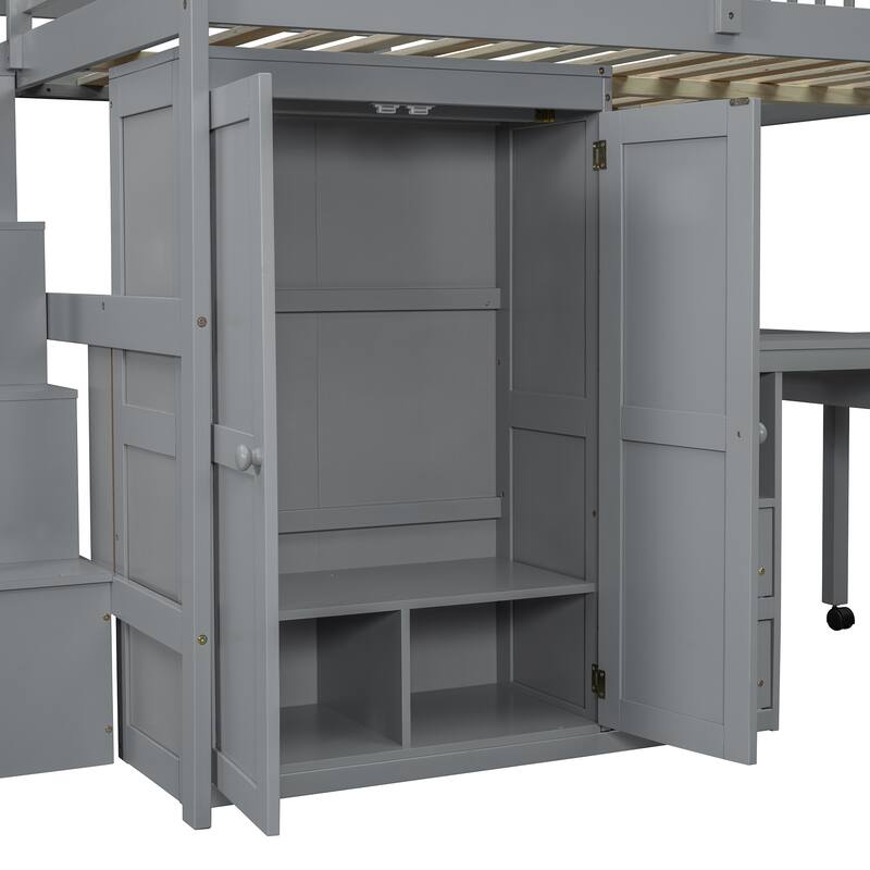 Full Size Loft Bed with Stairs, Bookshelf, Drawers, Desk & Wardrobe - Space-Saving Multifunctional Furniture for Kids & Teens