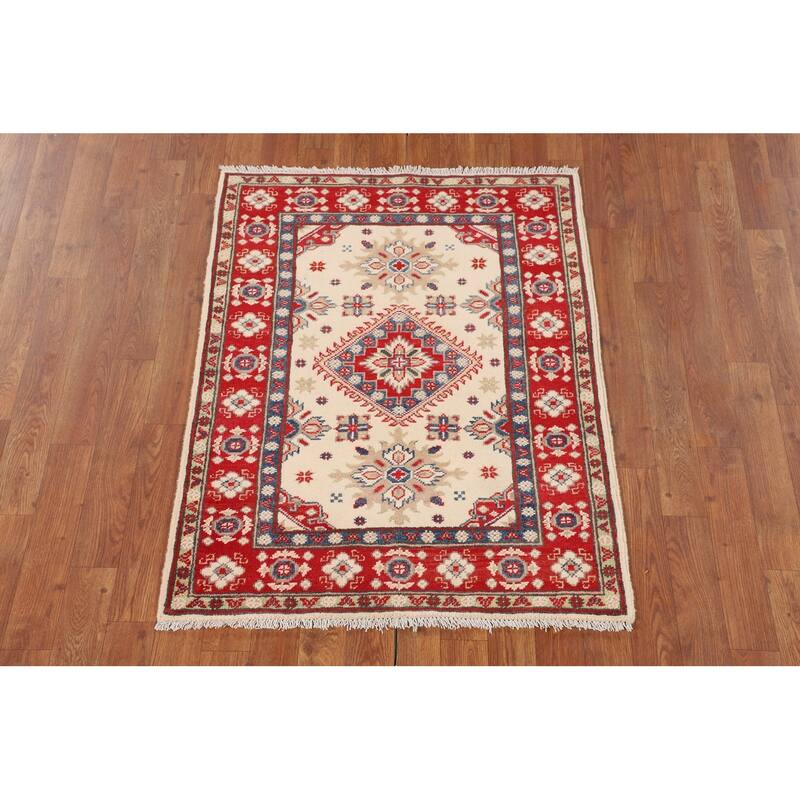 Kazak Accent Rug Hand-Knotted Oriental Beige Wool Carpet - 2'9" x 3'6"