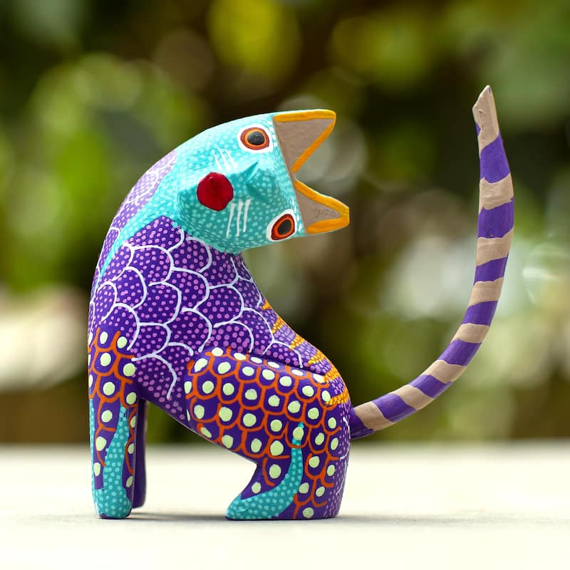 Novica Handmade Crazy Cat Wood Alebrije Figurine