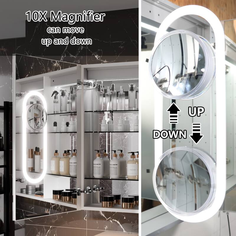 36'' H Recessed or Surface Mounted Bathroom LED Mirror Cabinet With Defogger, Dimmer, 10x magnifying