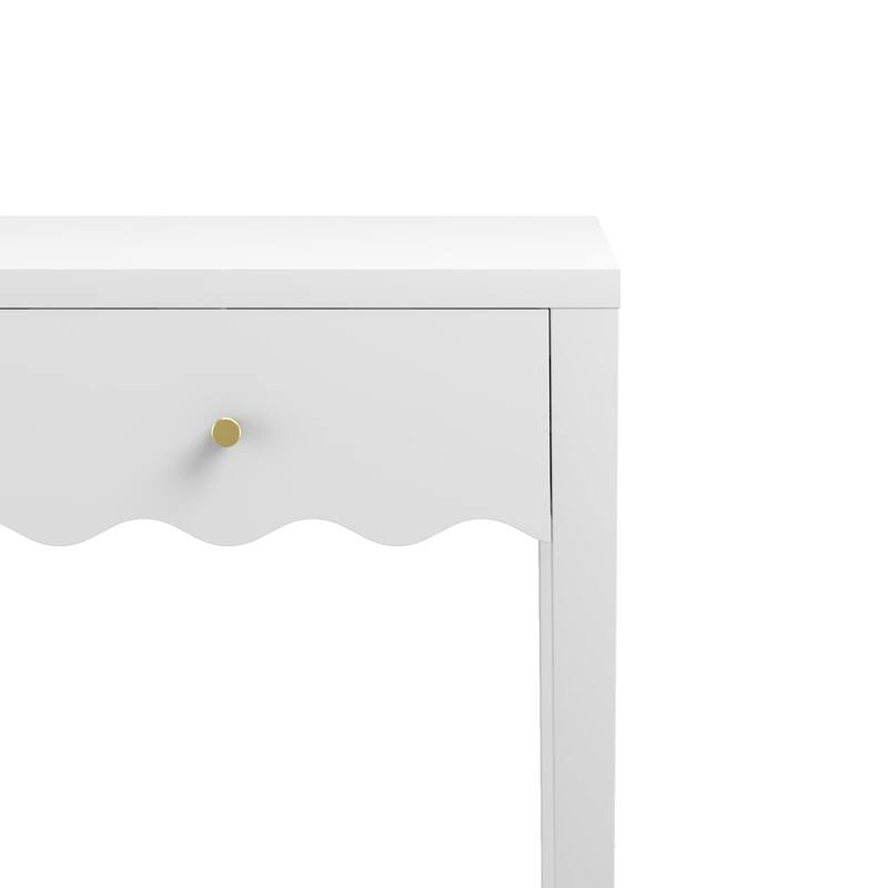 White Nightstand with Drawer, Modern Bedside Table with Wavy Apron Design, Compact End Table, Small Side Table with Storage