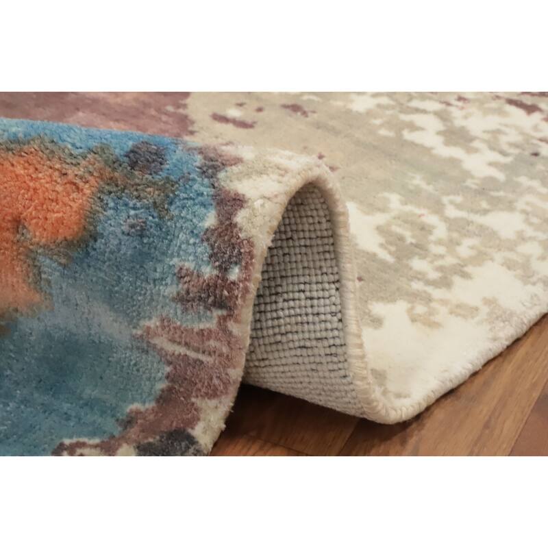 Hand Knotted Oriental Viscose Silk Carpet Modern Pictorial Pink Abstract Area Rug - 7' 3'' X 5' 5''