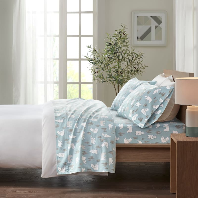 Madison Park Cozy Cotton Flannel Printed Sheet Set - Twin - Blue Polar Bears