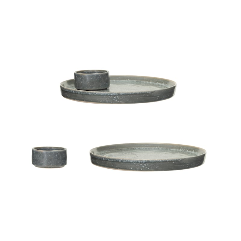 Matte Stoneware Serving Plate with Dish - 9.3"L x 9.3"W x 1.8"H - 9.3"L x 9.3"W x 1.8"H - Grey