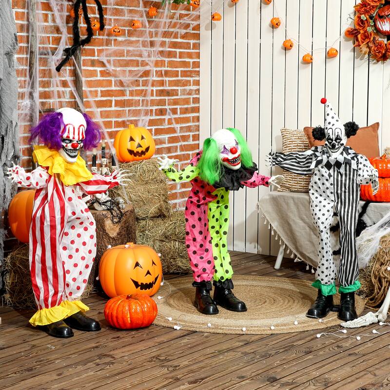 Outsunny Life Size Stackable Halloween Animatronics Clown with Red Light Up Eyes, Sound Activated Scary Clown Decorations