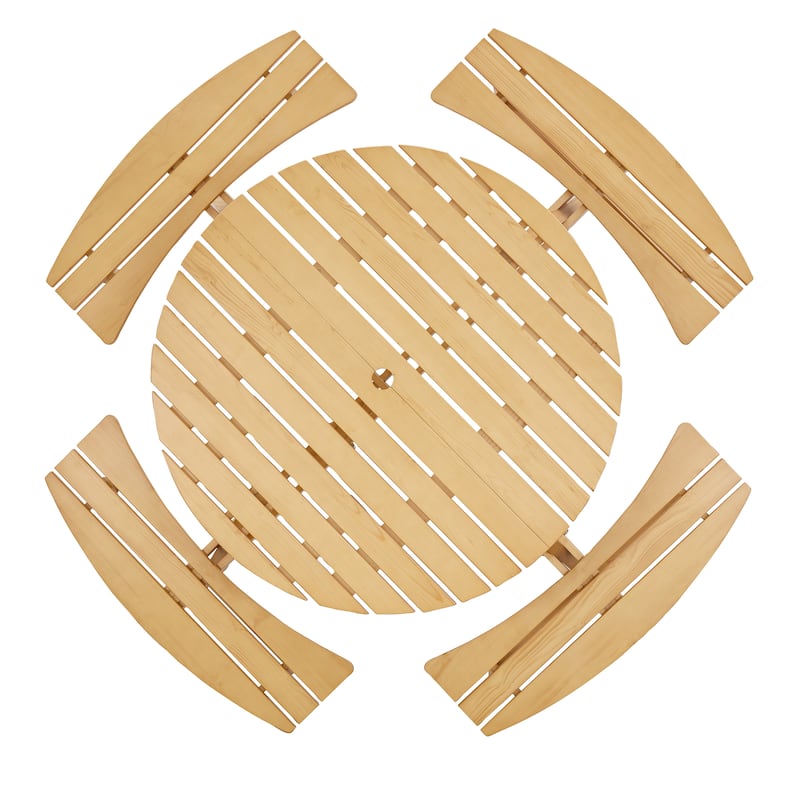 8-Person Outdoor Patio Wooden Round Picnic Table with 4 Built-in Benches and Umbrella Hole