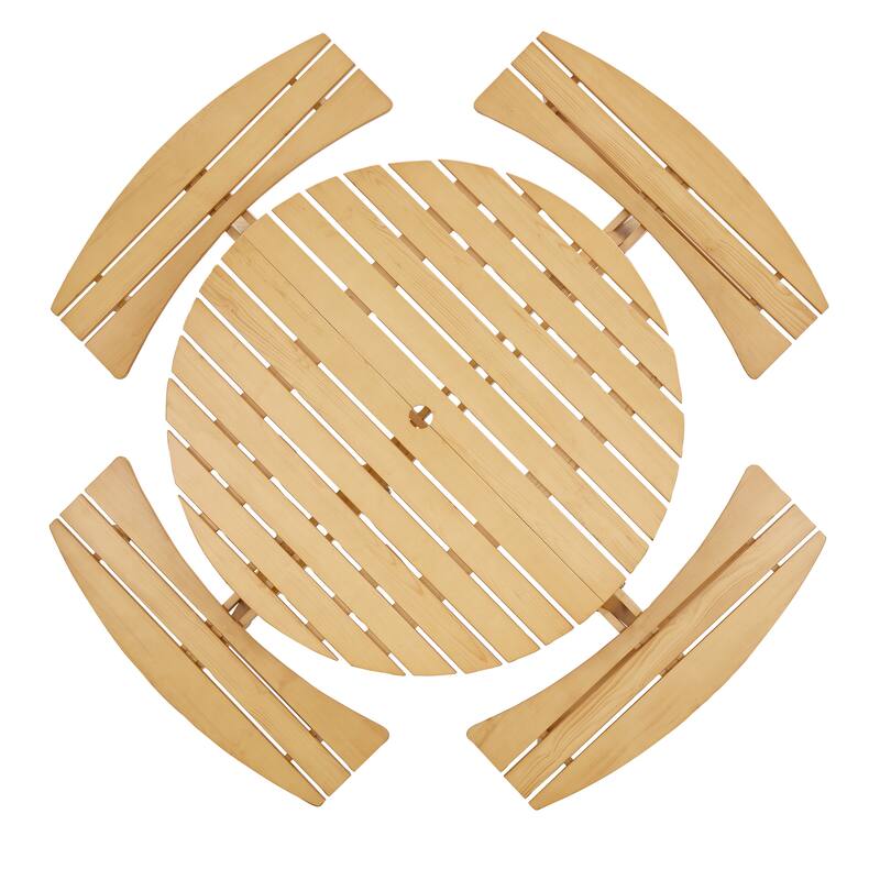 Outdoor 8 Person Picnic Table and Benches Set, Wooden Round Picnic Table with 4 Built In Benches and Umbrella Hole