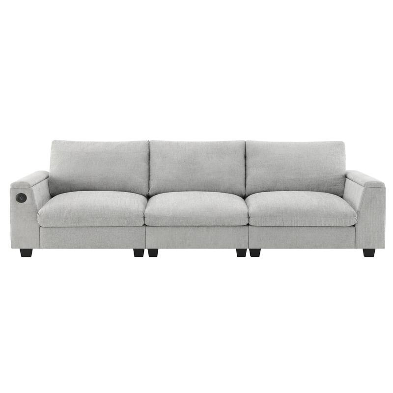 Chenille Cloud Sofa with Cup Holders, USB Port & Bluetooth Speaker, Convertible Loveseat with Drop Down Table & Storage Armrest