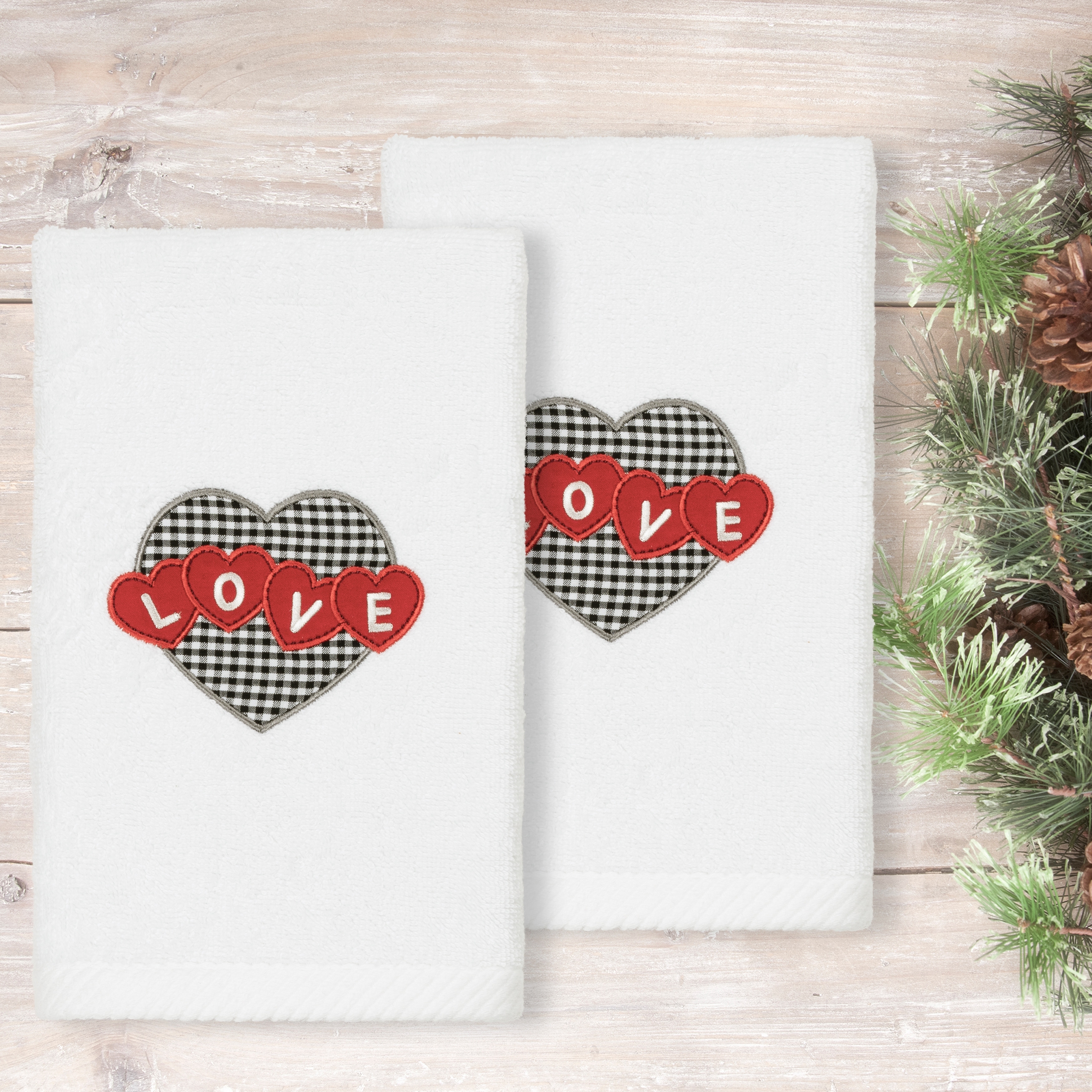 Authentic Hotel and Spa Love Hearts Embroidered Luxury 100% Turkish Cotton Hand Towels (Set of 2)