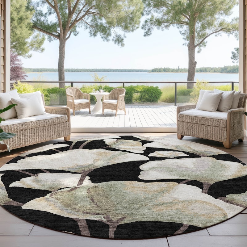Machine Washable Indoor/ Outdoor Floral Love Chantille Rug - Black - 8' x 8'