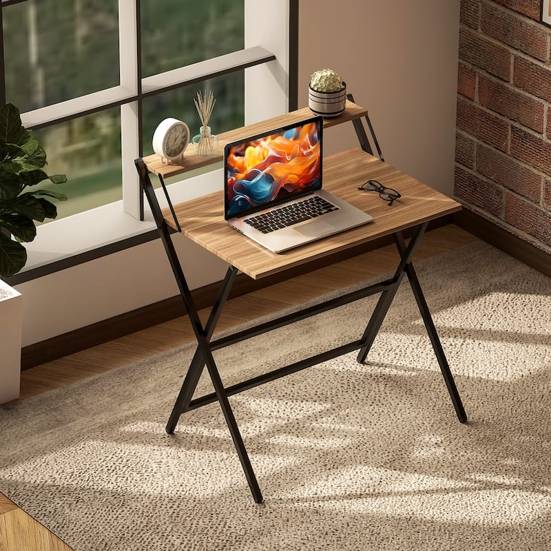 Folding Desk with Monitor Shelf Compact Space Saving Workstation for Home Office