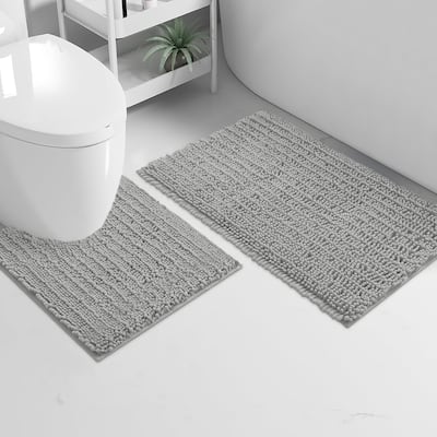 Large 2 Piece Set Light Grey Soft Cozy Plush Chenille Bath Mat Bathroom Rug
