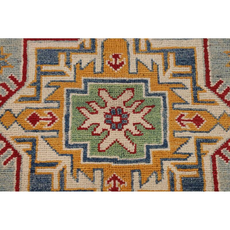 Hand Knotted Oriental 100% Wool Carpet Traditional Geometric Navy Blue & Blues Kazak Area Rug - 9' 8'' X 6' 6''