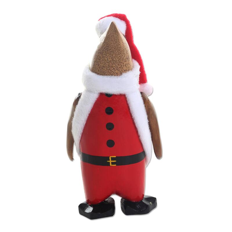 Wood statuette, 'Penguin Santa'