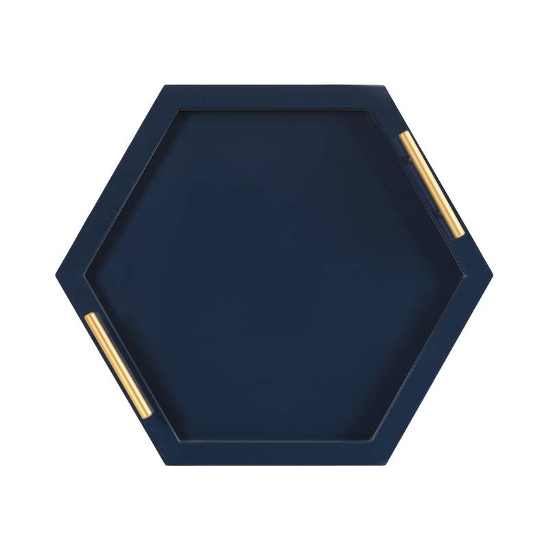 Halsey Hexagon Decorative Wood Tray with Polished Metal Handles