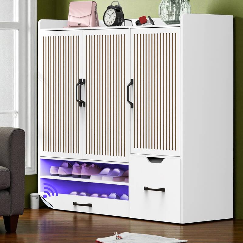 Modern Shoe Storage Cabinet with Stool, Adjustable Shelves & Pull-Out Drawer, Space-Saving Organizer for Entryway