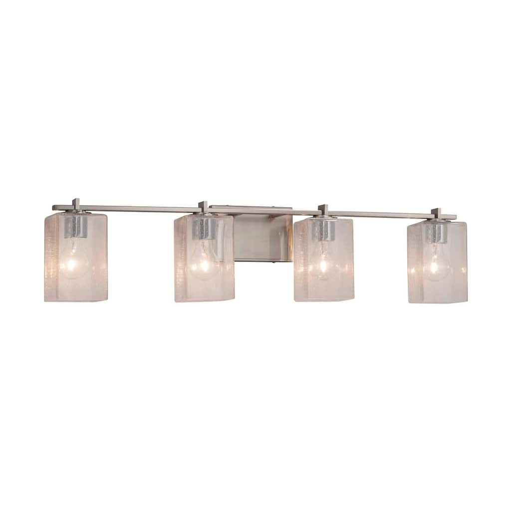 Justice Design Fusion Era 4-light Brushed Nickel Bath Bar, Seeded Square w/ Flat Rim Shade - Brushed Nickel