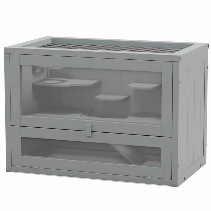 Grey Wooden Hamster Cage with Ramp and Platforms for Mice and Small Rodents - 23.5" L x 13.75" W x 16.5" H