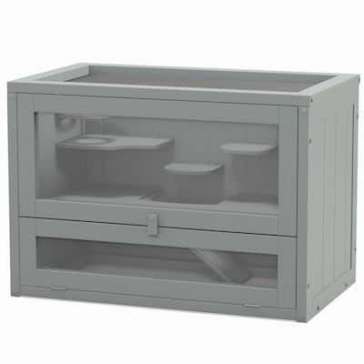 Grey Wooden Hamster Cage with Ramp and Platforms for Mice and Small Rodents - 23.5" L x 13.75" W x 16.5" H