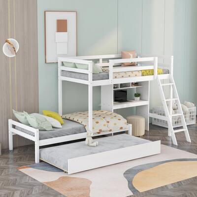 Twin over Twin Bunk Bed with Convertible Built-in Desk,Trundle& Ladder