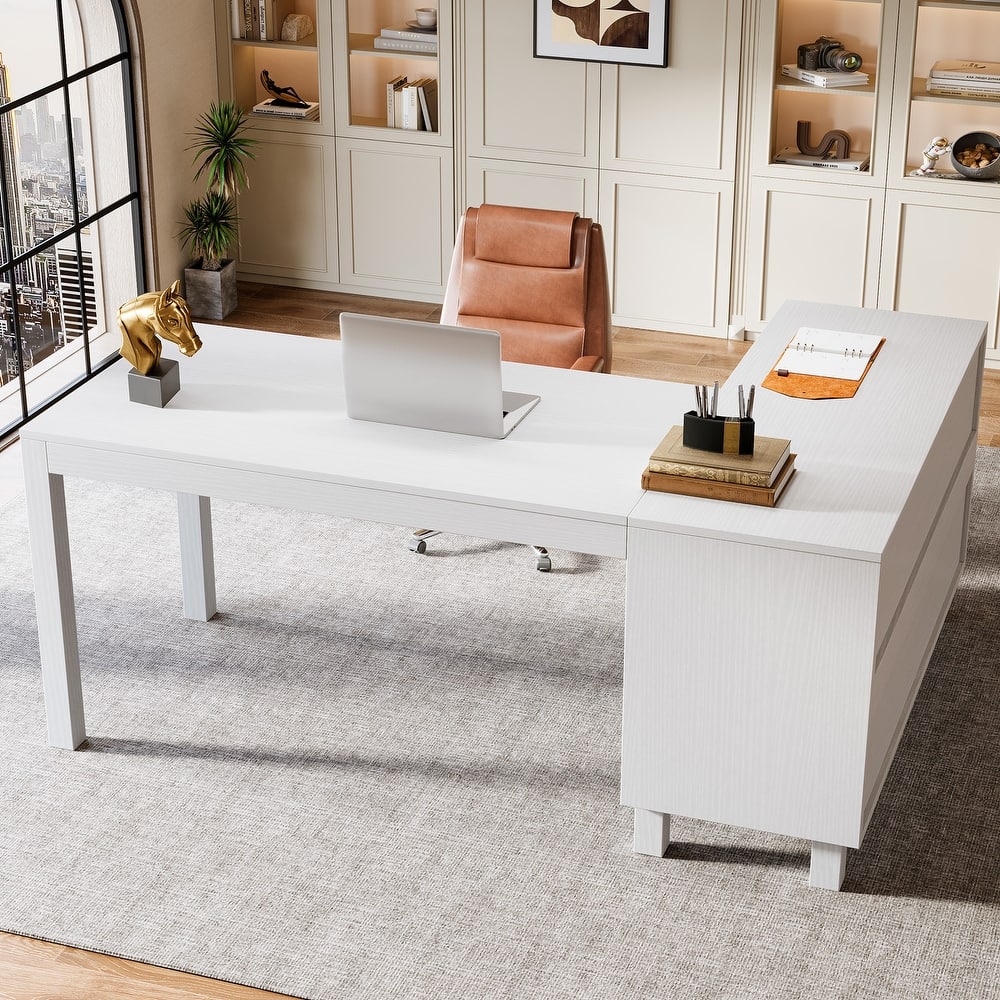 59-Inch Corner Computer Desk with File Cabinet and Shelves, L Shaped Executive Desk for Home Office