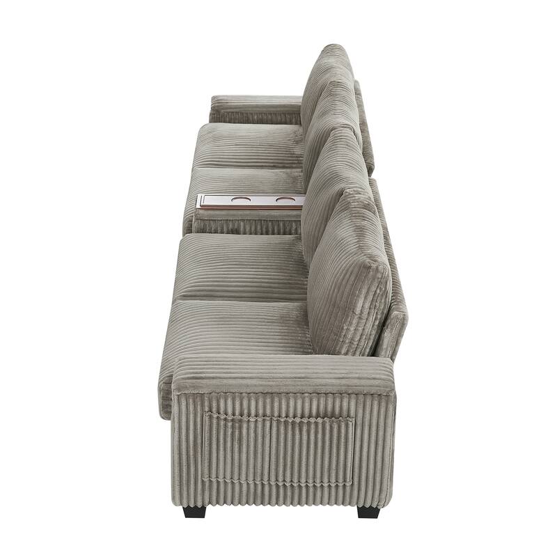 133" Corduroy 4-Seater Sofa with USB Ports, Hidden Storage Arms & Flip-Top Cup Holders
