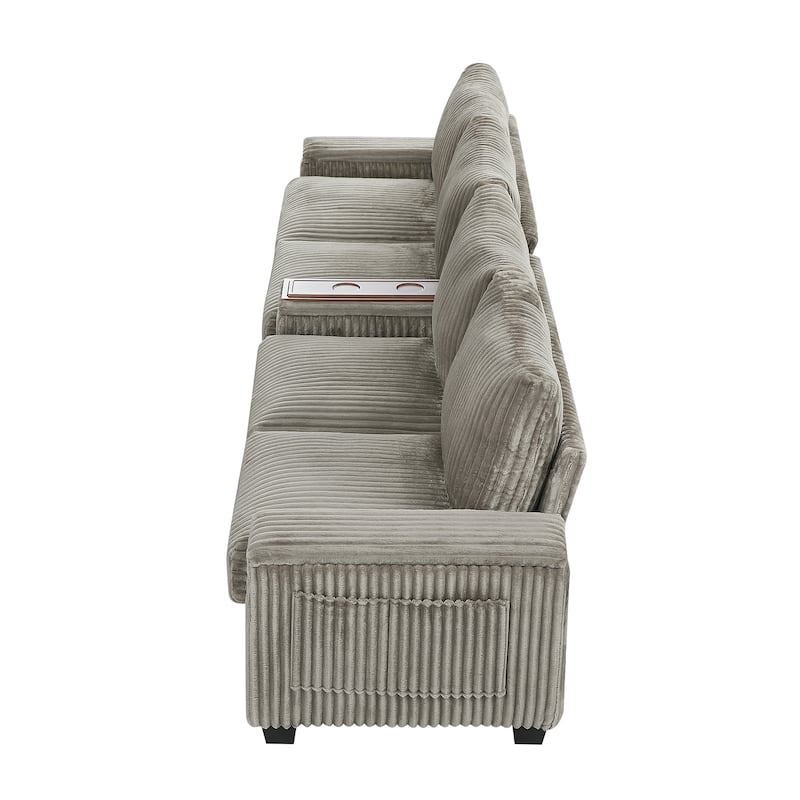 Roomfitters 4-Seater Corduroy Modern Sofa Couch with USB Ports Hidden Storage Arms & Flip-Top Cup Holders for Living Room