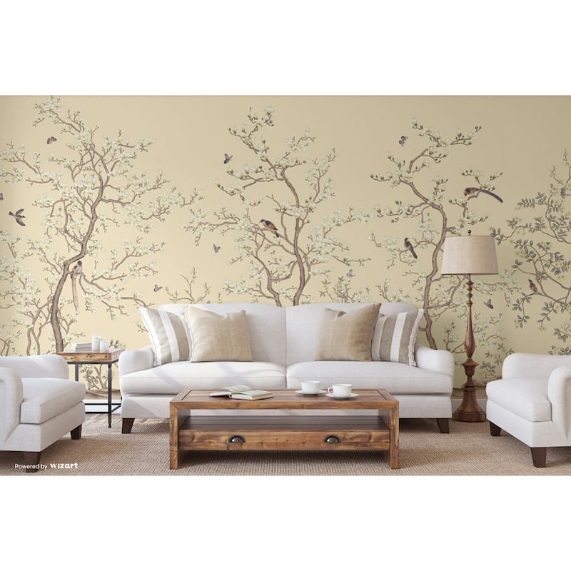 Serene Blossom Hand-Illustrated Chinoiserie Wallpaper Mural - Yellow - W:204" x H:110"