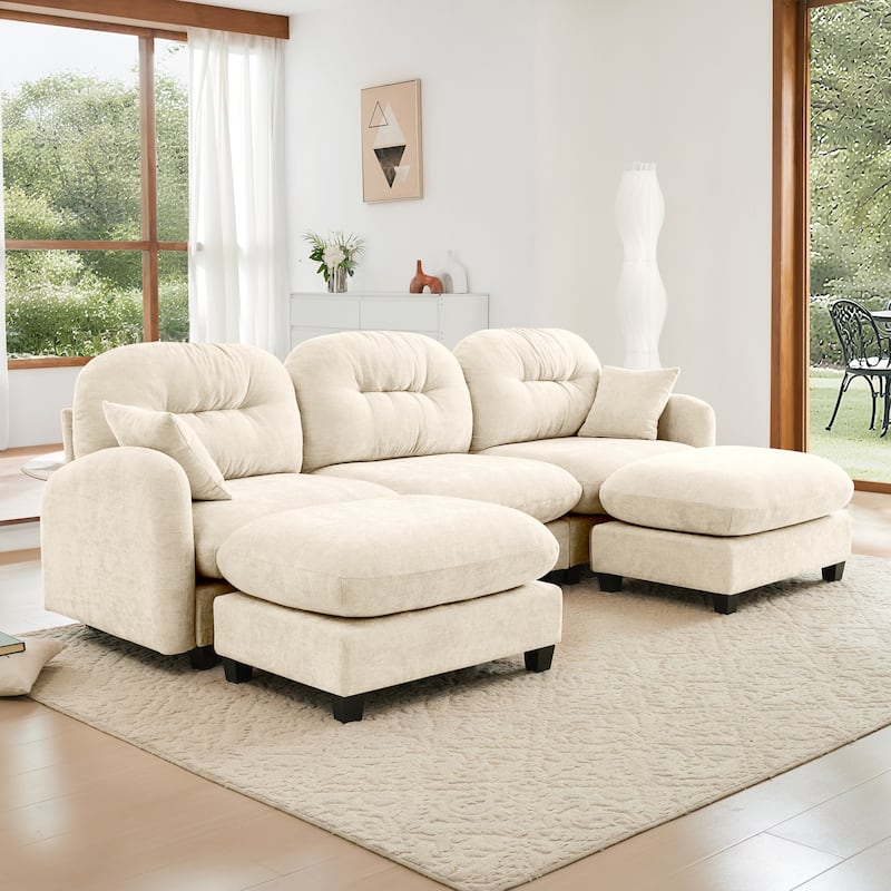 GDF Studio - Nina Modular Modern Chenille U-Shaped Sectional Sofa with Ottoman and 2 Soft Throw Pillows