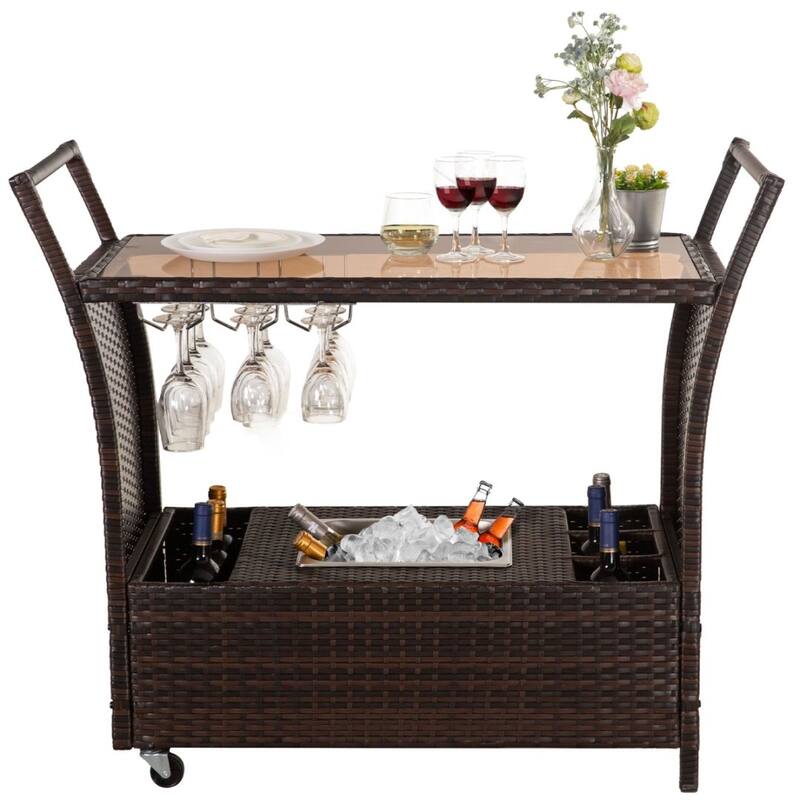Outdoor Wicker Bar Patio Rattan Counter Table with 2 Steel Shelves