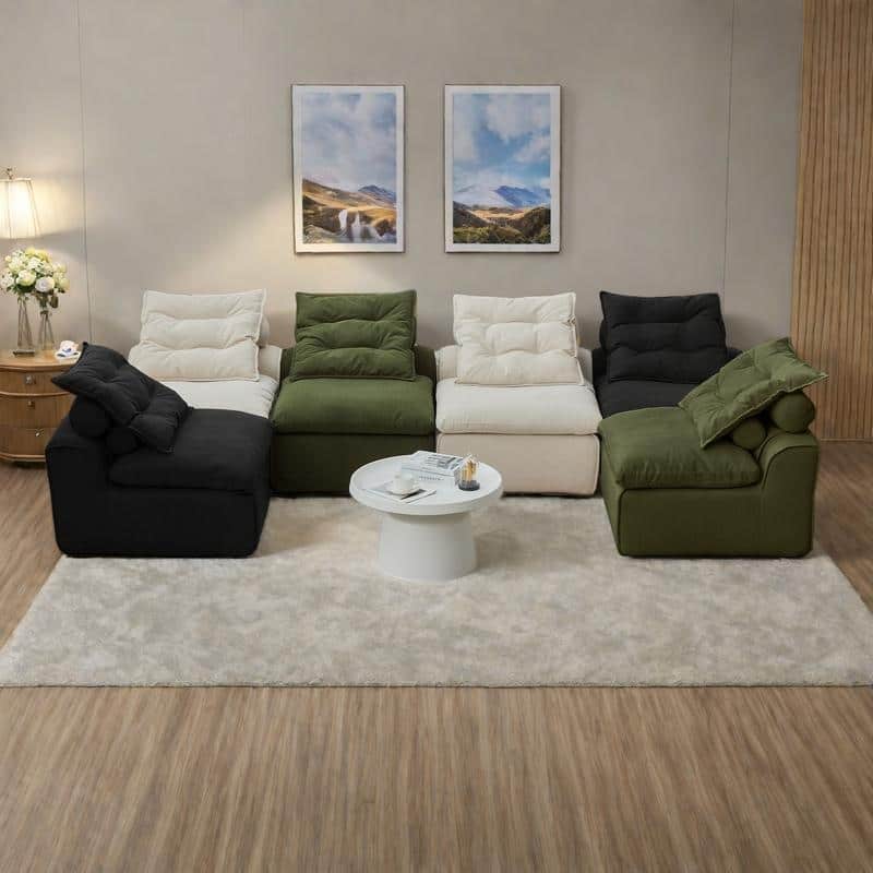 132" Corduroy Modular 6-Seater Sectional Sofa with 12 Pillows (6 Neck + 6 Lumbar), Armless Design and DIY Configuration - Beige,Black,Green