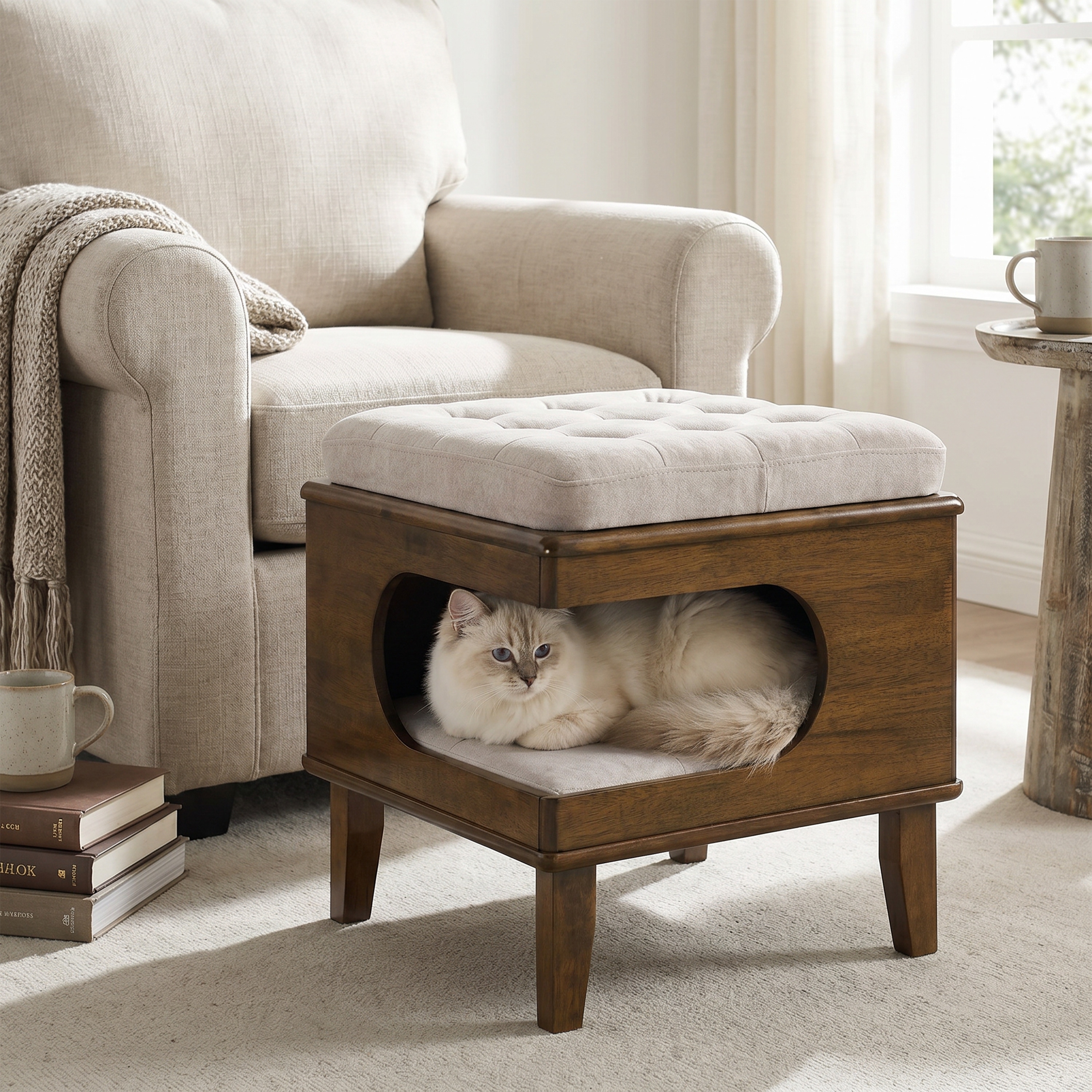 Christopher Knight Home - Letitia 2-in-1 Cat Bed Footstool Ottoman, Removable Tufted Cushion, Wood Frame and Hidden Cat Cave