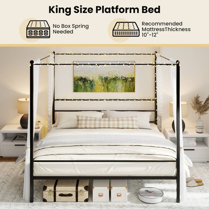 Gymax King Metal Canopy Platform Bed Frame Mattress Foundation w/ Slat