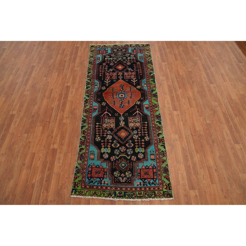 Hand Knotted Oriental 100% Wool Carpet Traditional Tribal Black Hamedan Runner Rug - 8' 6'' X 3' 4''