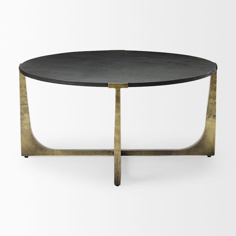 HomeRoots 34" Antiqued Gold Solid Wood and Iron Round Distressed Coffee Table - 34' X '16.25' X '34