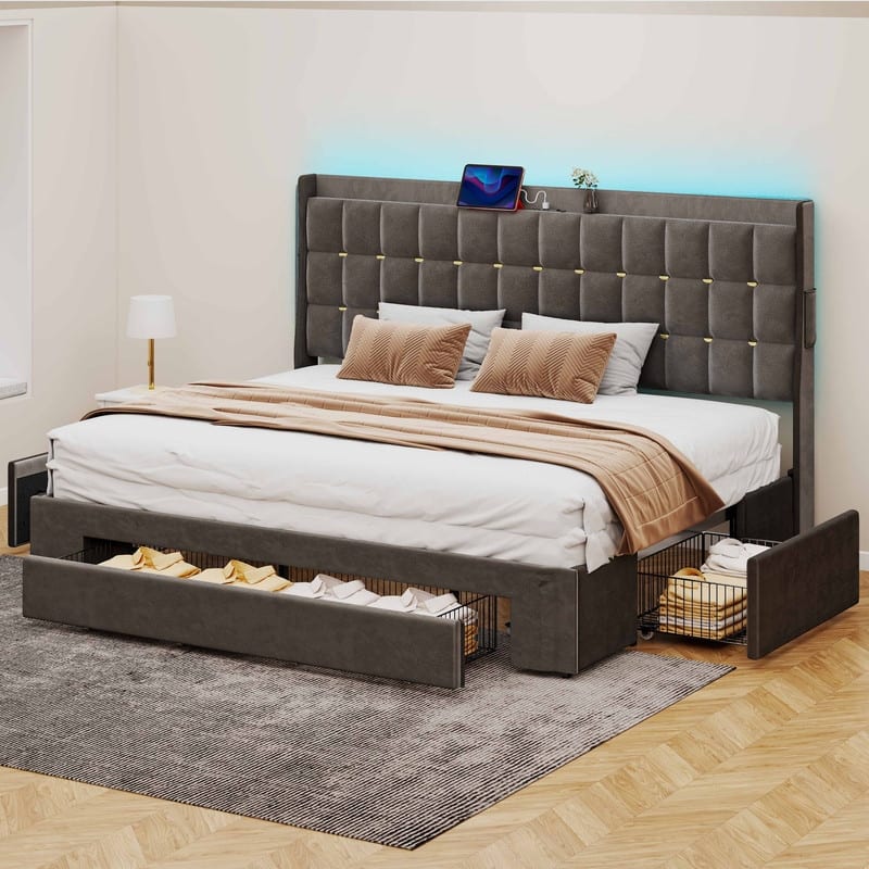Moasis Queen/King Size Velvet Upholstered Bed with Charging Station and Storage Drawers