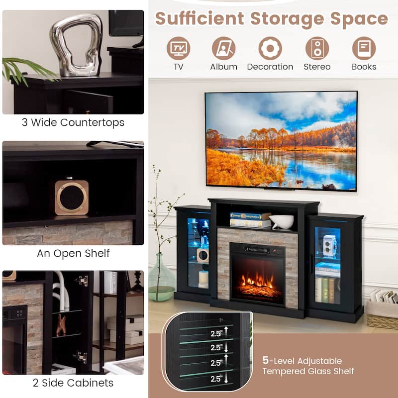 Electric Fireplace TV Stand with 16-Color LED Lights and Adjustable Glass Shelves for Living Room - 59" x 10" x 32.5"
